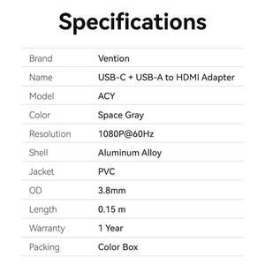 VENTION Converter 2in1 TYPE-C & USB 3.0 to HDMI Gray 0.15M Connector 2 In 1 Type_3