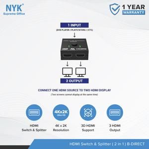 NYK HDMI Switch & Splitter 2 in 1 Bi Direct 4Kx2K 2 Port