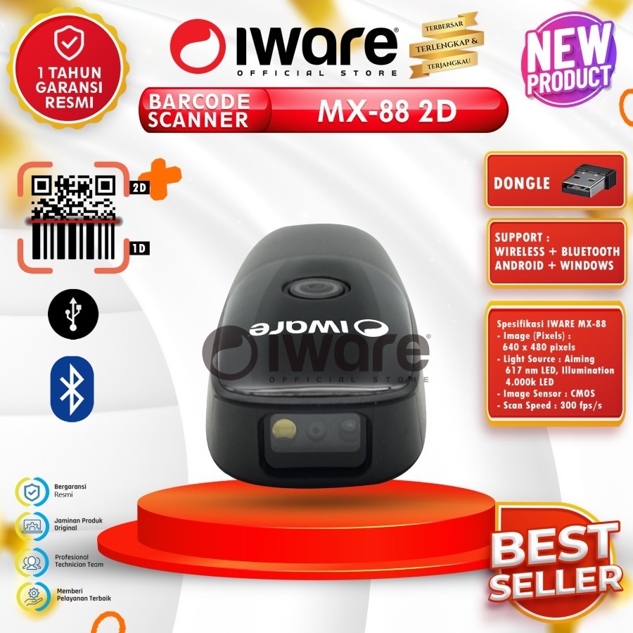 BARCODE SCANNER PORTABLE WIRELESS Mini Bluetooth 2.4G 1D&2D IWARE MX88 - IWARE MX 88