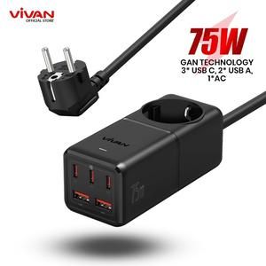 VIVAN VPS-T005A Kepala Charger 75W Socket Travel 6 In 1 Adaptor All In